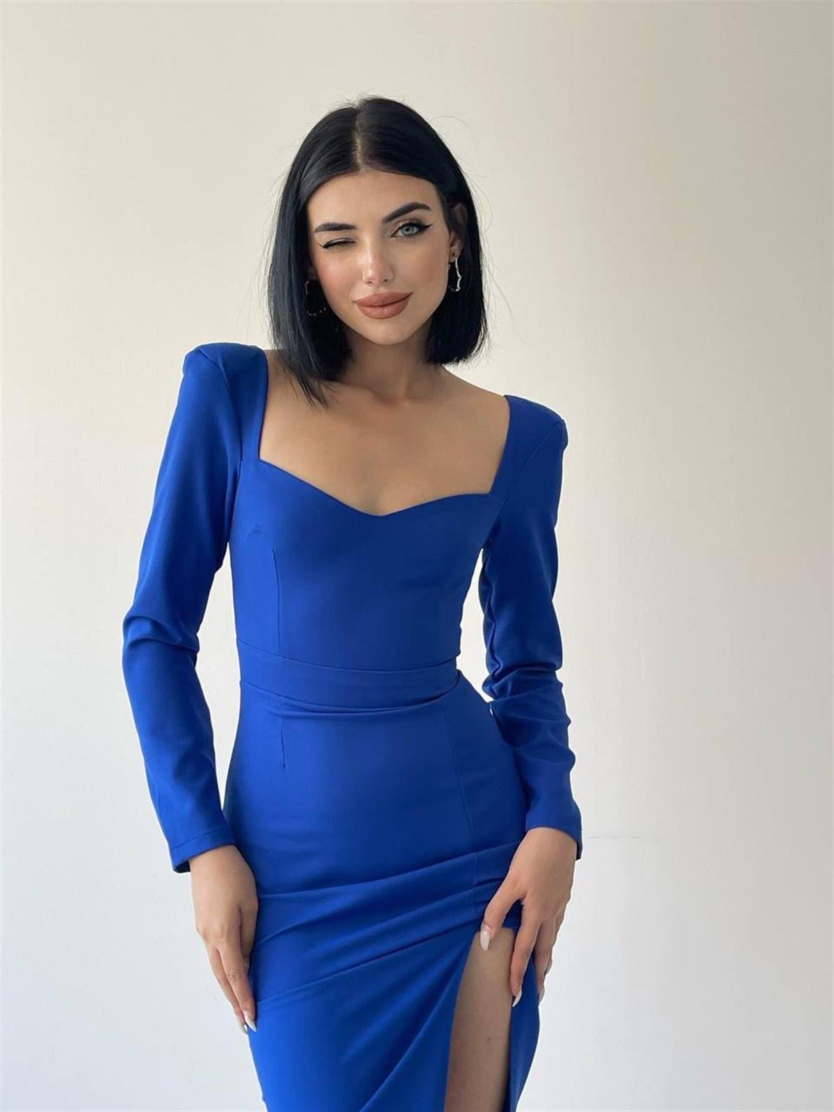 Clara Kalp Haka Uzun Kol Midi Boy Elbise Mavi