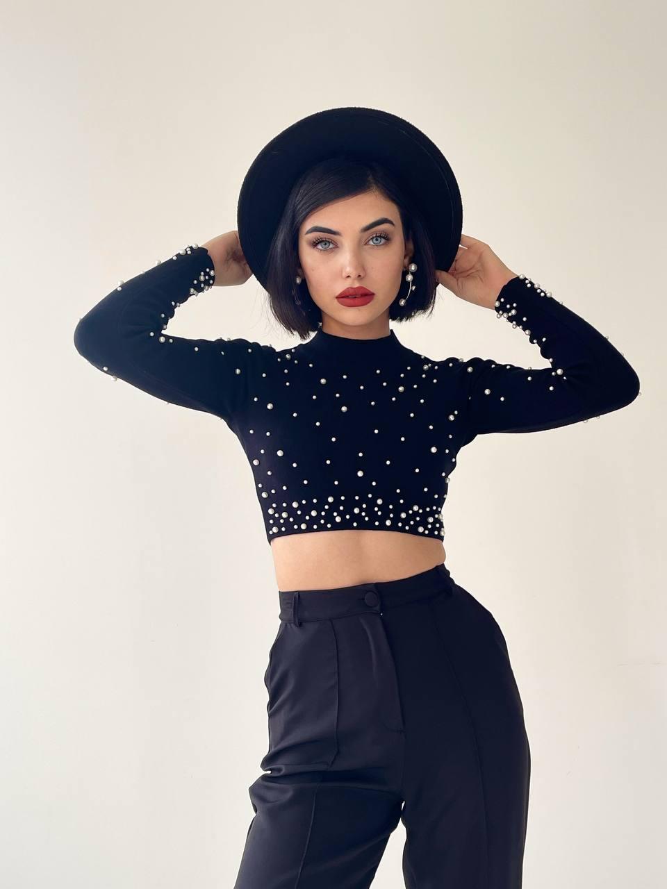 Cloi İnci Detay Crop Siyah