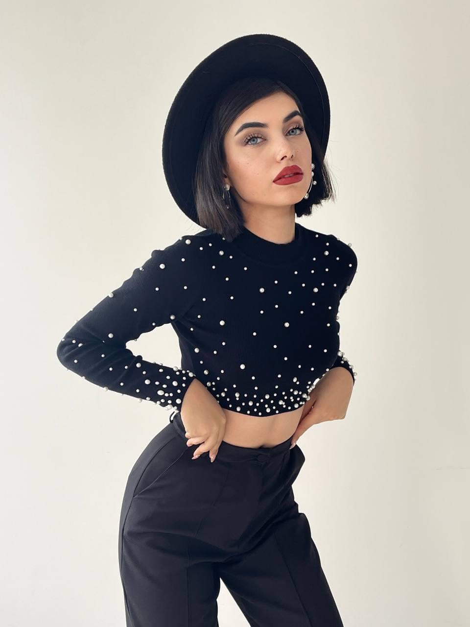 Cloi İnci Detay Crop Siyah