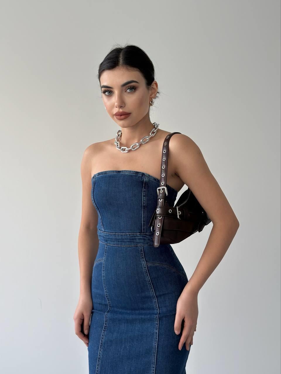Denim Midi Straplez Elbise | 