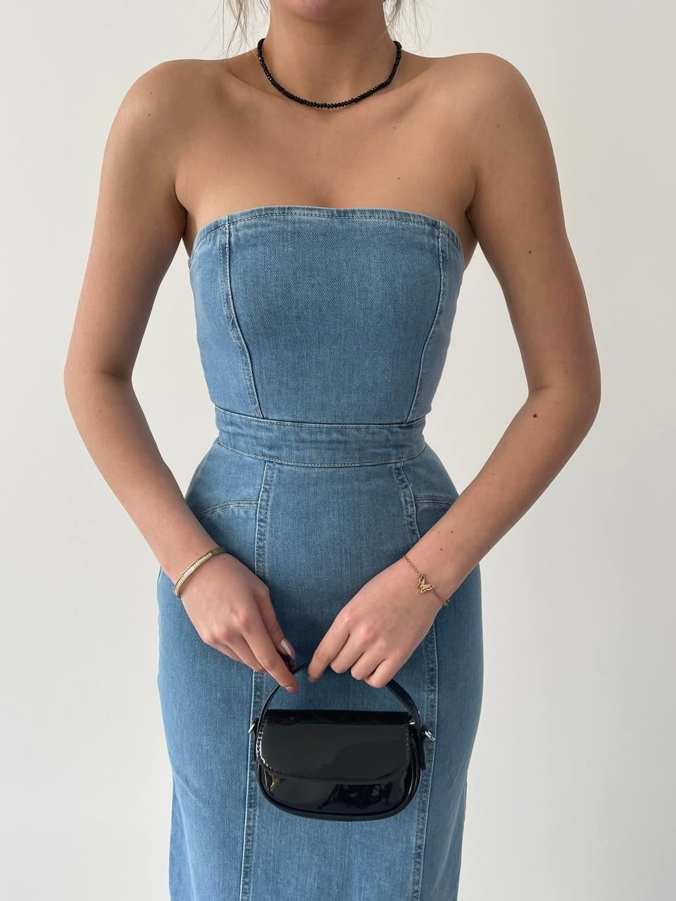 Denim Midi Straplez Elbise | 