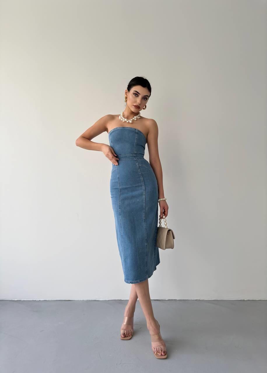 Denim Midi Straplez Elbise | 