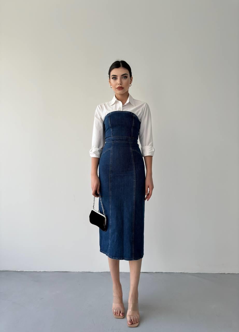 Denim Midi Straplez Elbise | 