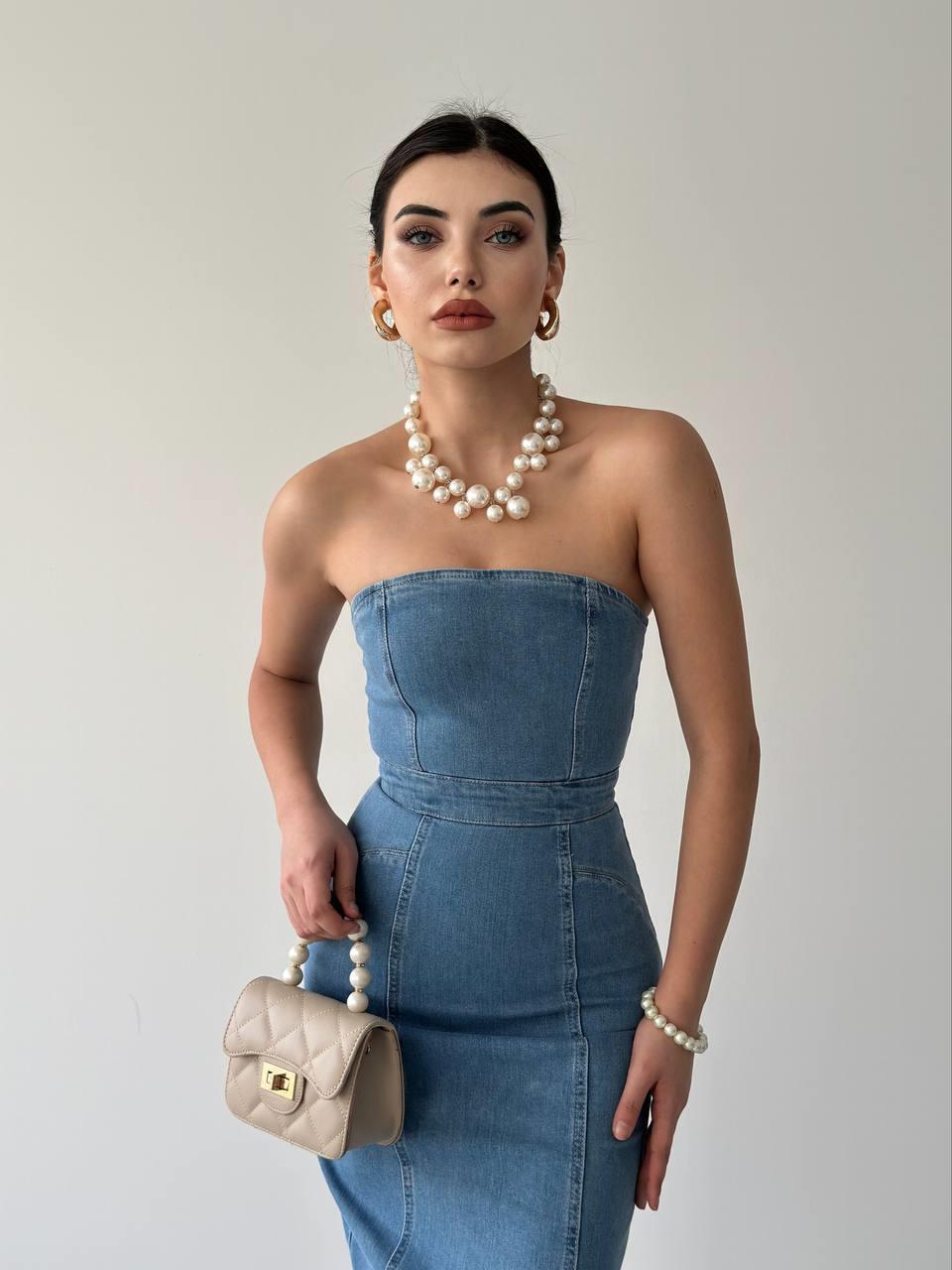 Denim Midi Straplez Elbise | 