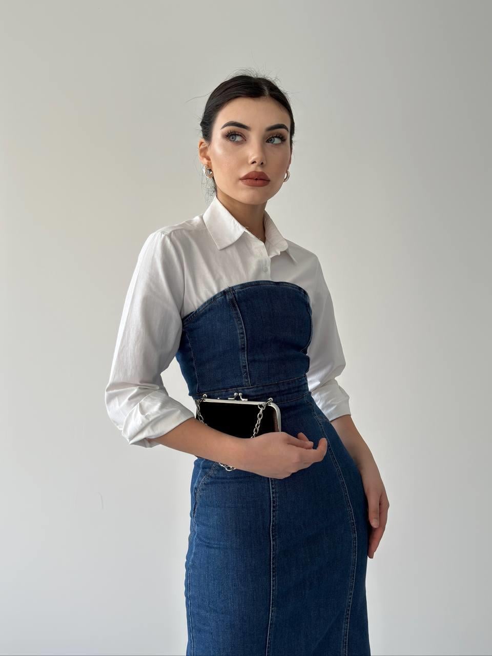 Denim Midi Straplez Elbise | 