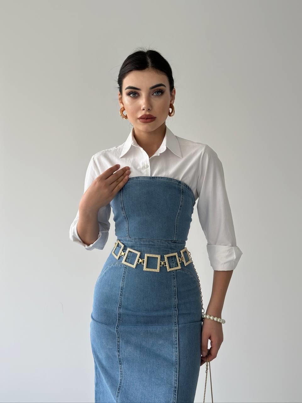 Denim Midi Straplez Elbise | 