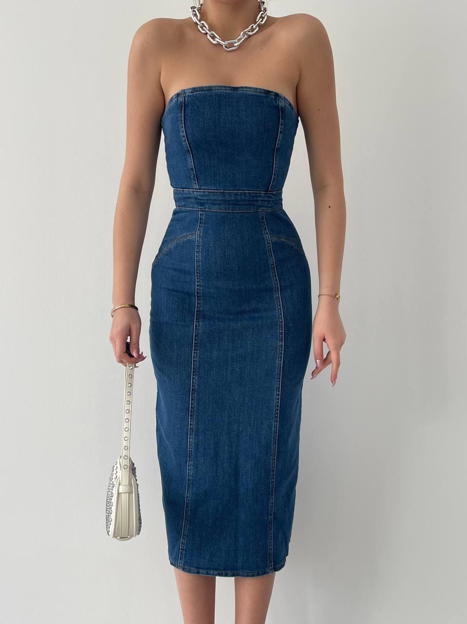 Denim Midi Straplez Elbise | 