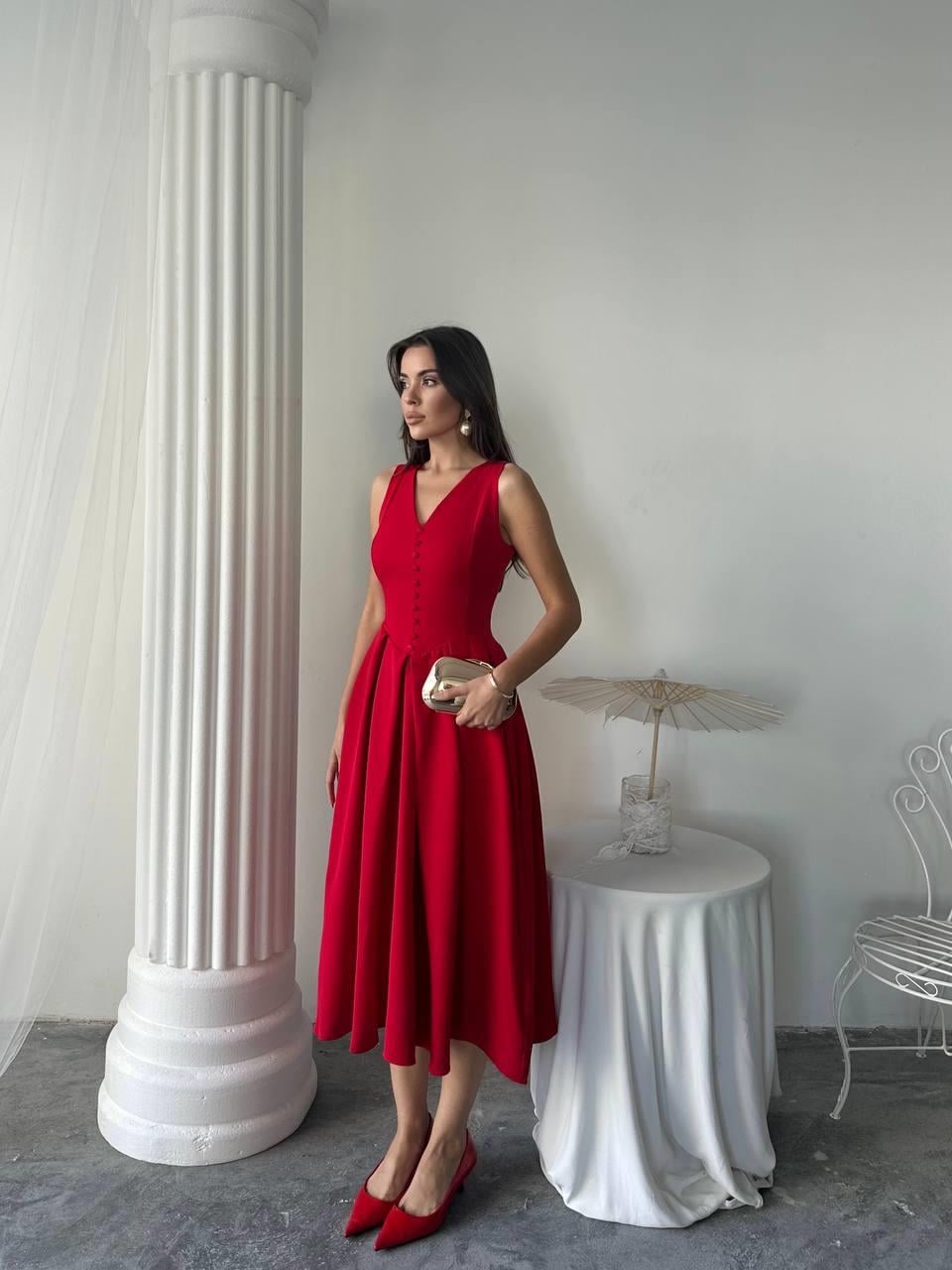 Dore Piliseli Düğmeli Midi Elbise | 