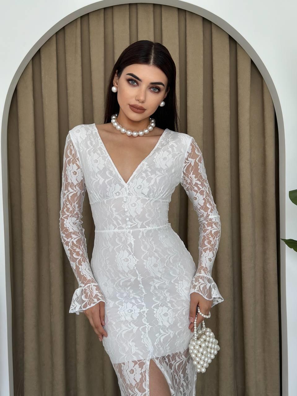 Elegance Beyaz Dantel Midi Elbise | 