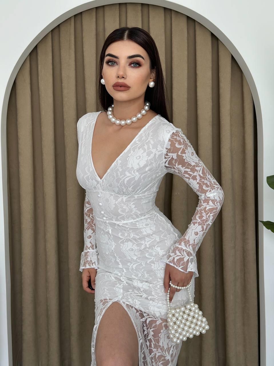 Elegance Beyaz Dantel Midi Elbise | 