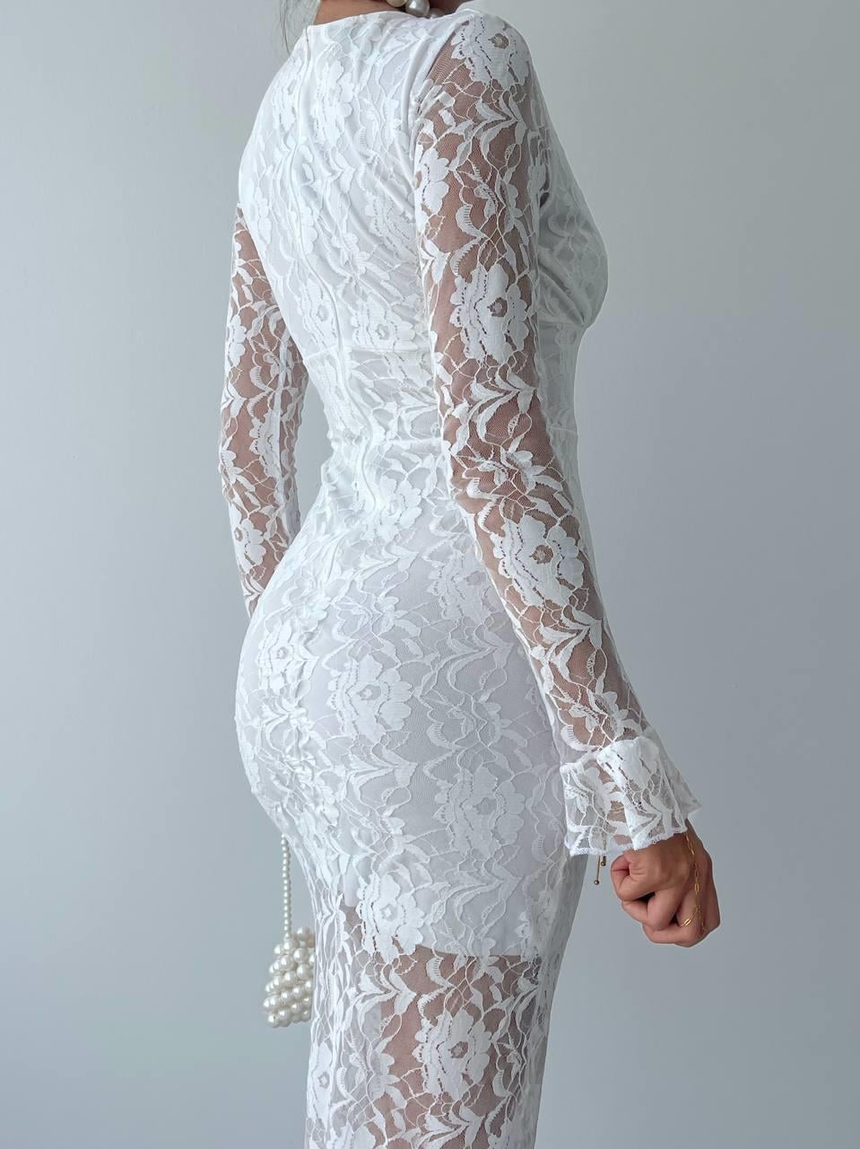 Elegance Beyaz Dantel Midi Elbise | 
