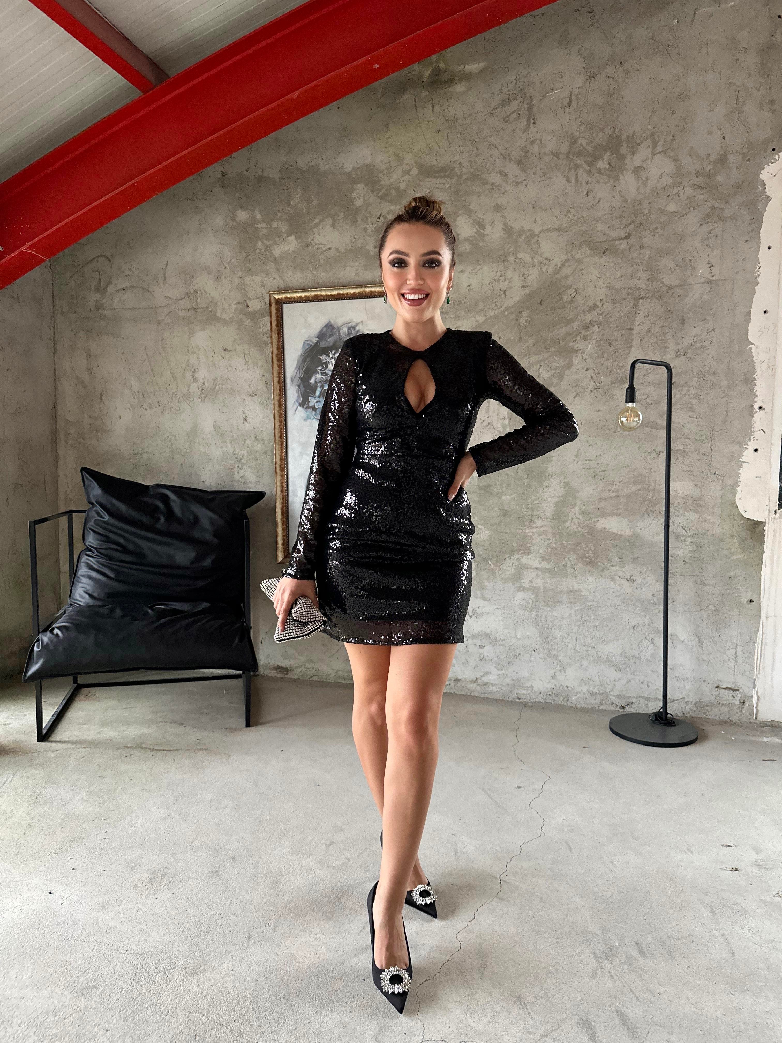 Elisya Mini Simli Siyah Elbise 