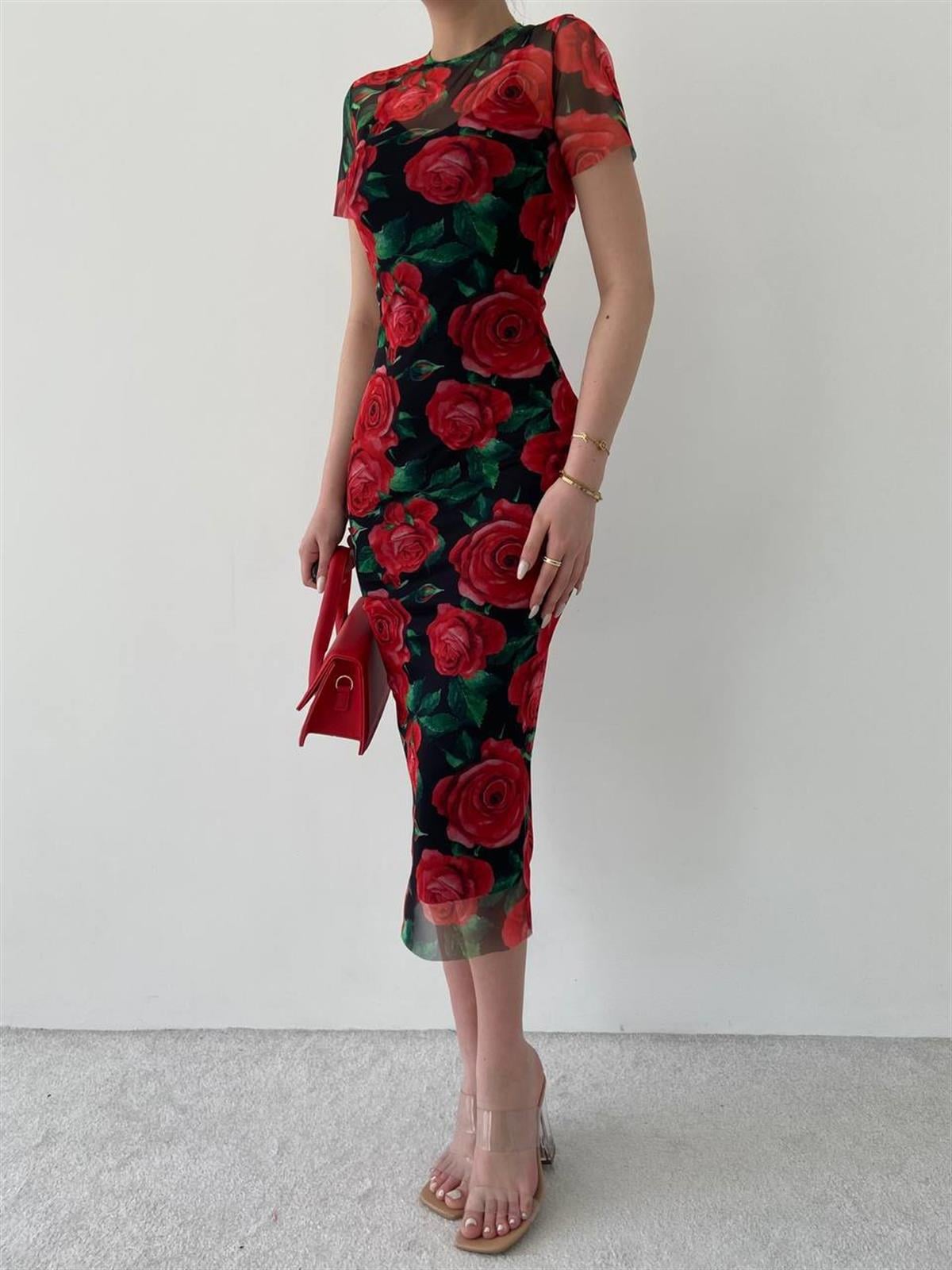 Floral Gül Desenli Elbise
