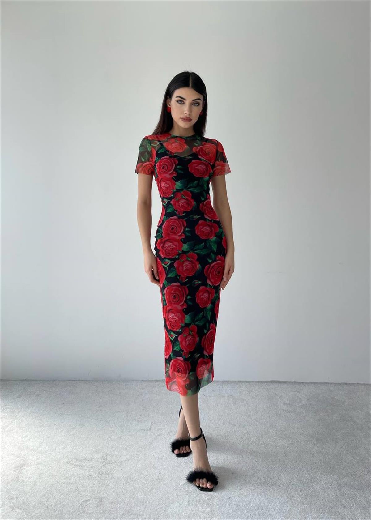 Floral Gül Desenli Elbise
