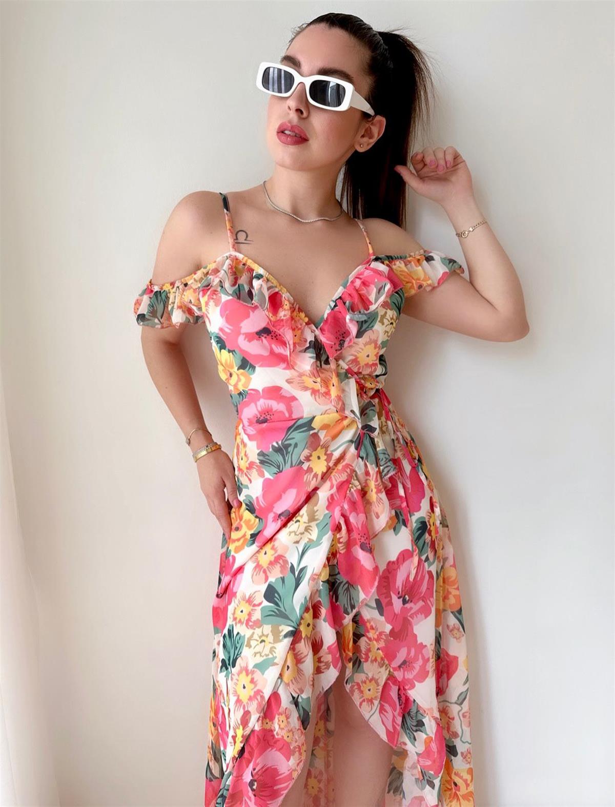 Flower Uzun Fırfırlı pembe Elbise 