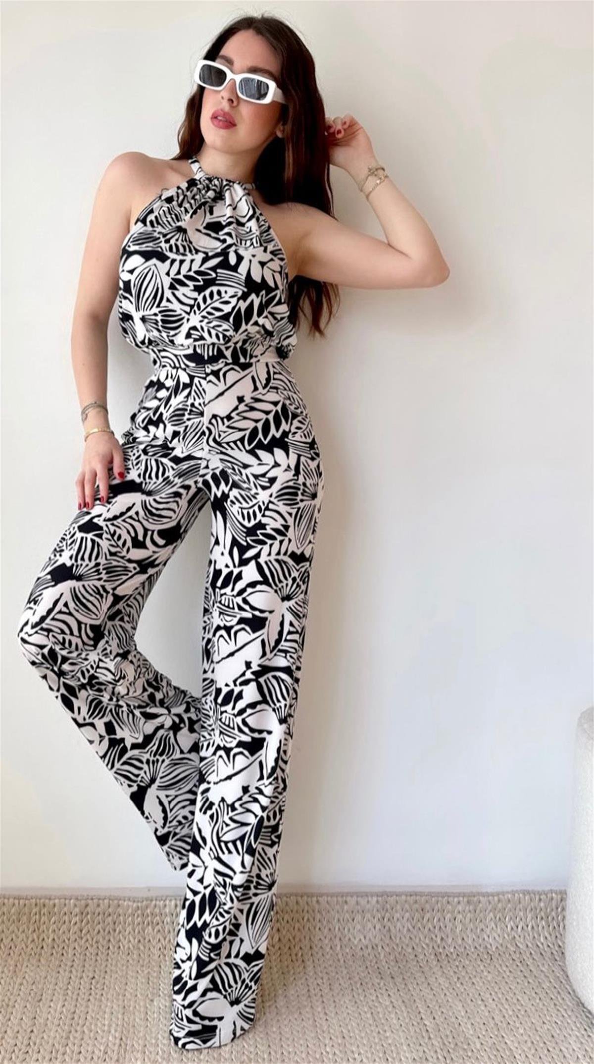 Halter Yaka Bağlamalı Tulum Beyaz