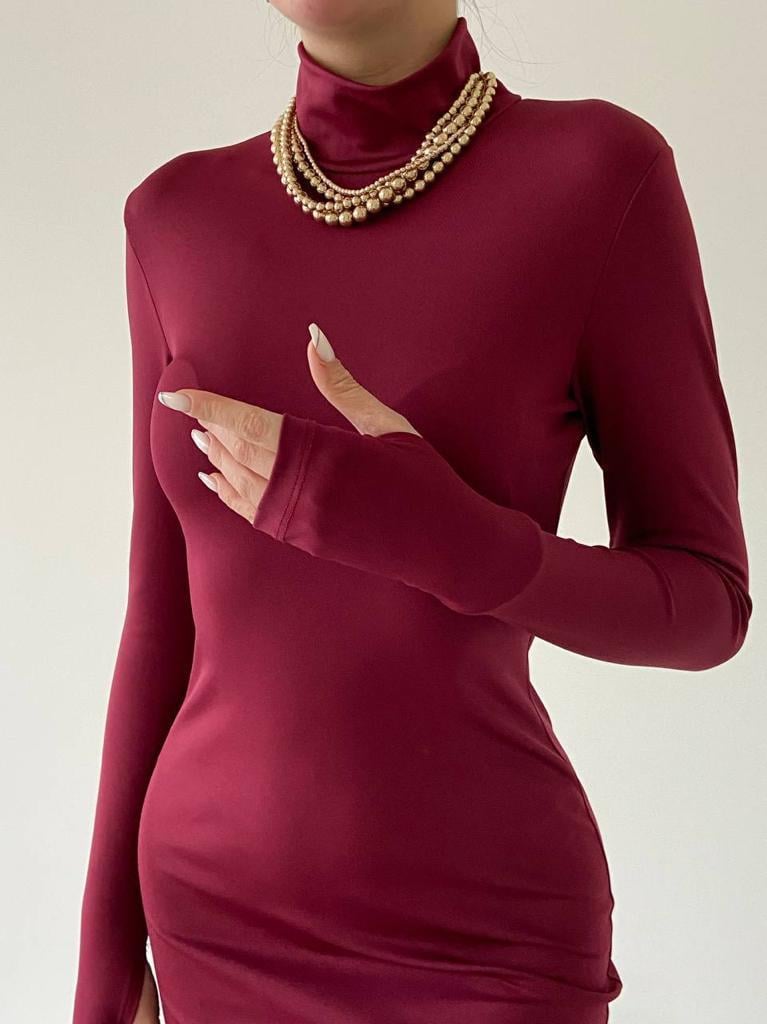 Helena Midi Arka Yırtmaçlı Elbise Bordo 