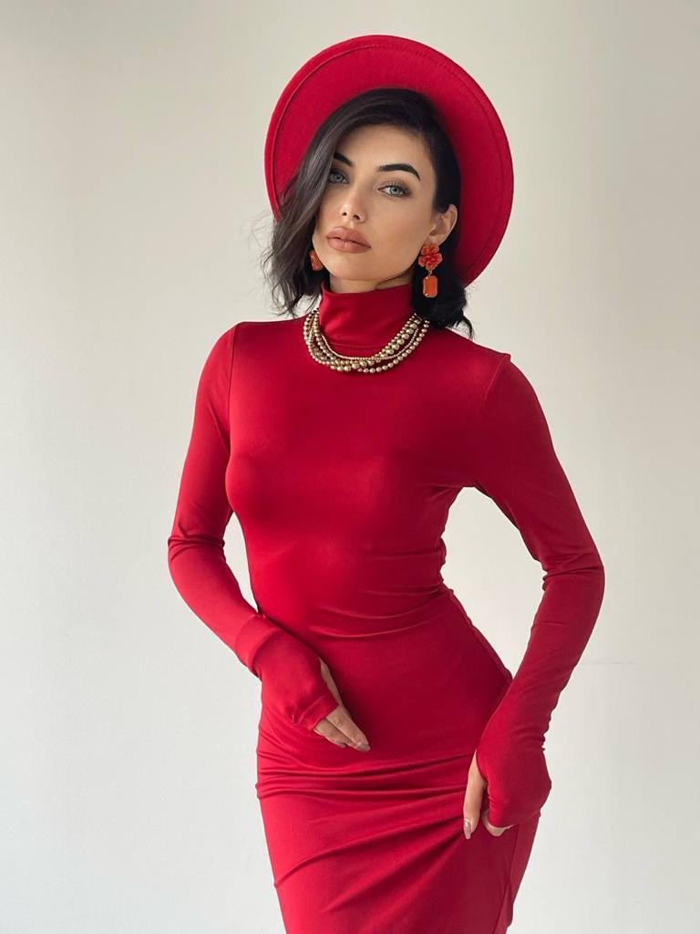 Helena Midi Arka Yırtmaçlı Elbise Kırmızı