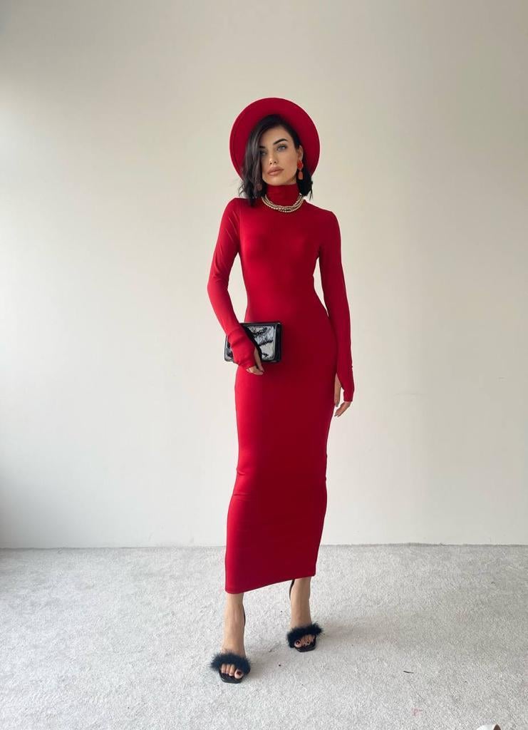 Helena Midi Arka Yırtmaçlı Elbise Kırmızı