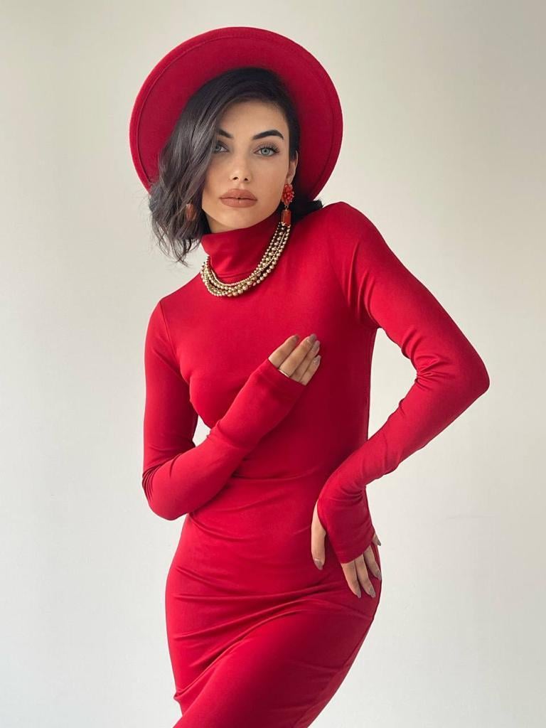 Helena Midi Arka Yırtmaçlı Elbise Kırmızı