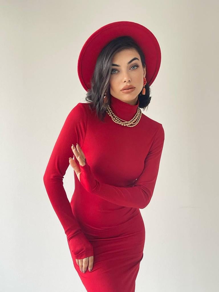 Helena Midi Arka Yırtmaçlı Elbise Kırmızı
