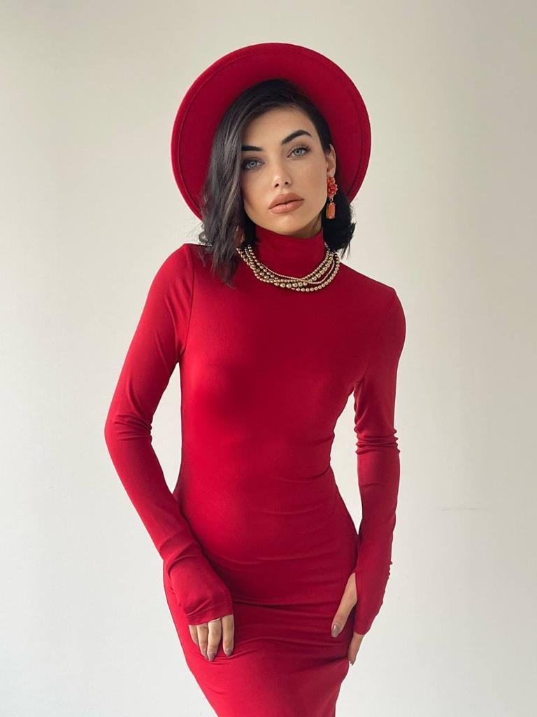 Helena Midi Arka Yırtmaçlı Elbise Kırmızı