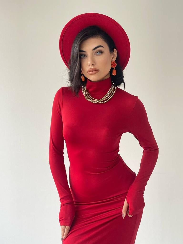 Helena Midi Arka Yırtmaçlı Elbise Kırmızı