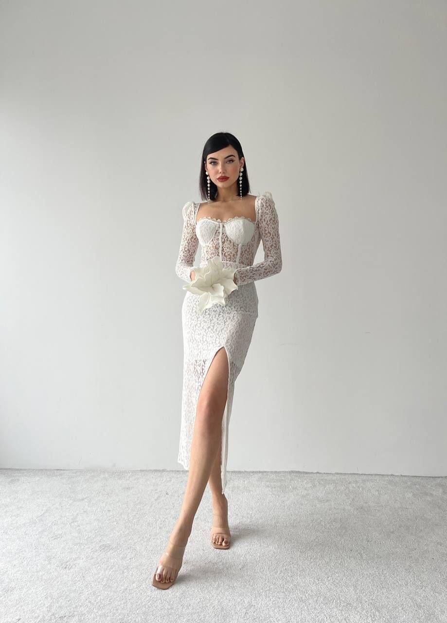 İRİS MİDİ GLOPLU YIRTMAÇLI DANTEL ELBİSE BEYAZ | 