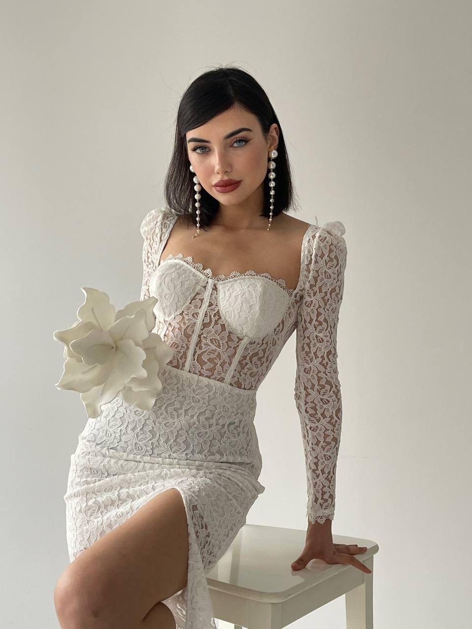 İRİS MİDİ GLOPLU YIRTMAÇLI DANTEL ELBİSE BEYAZ | 