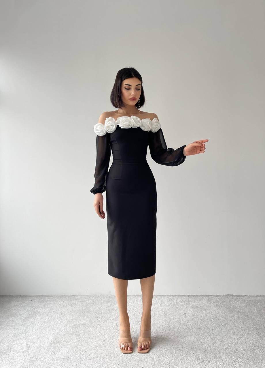 Irmak Straplez Gül Detay Midi Elbise  | 