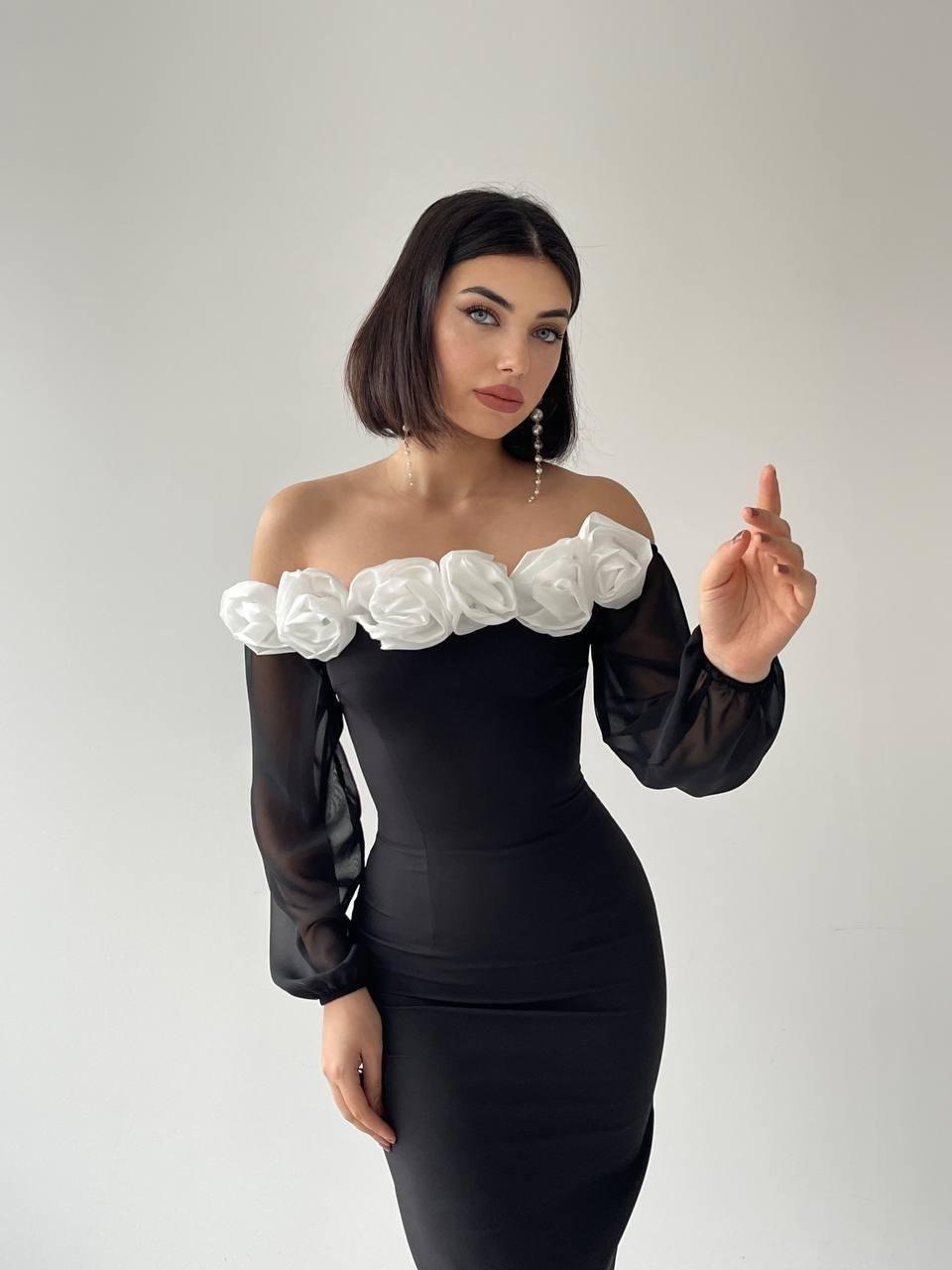 Irmak Straplez Gül Detay Midi Elbise  | 