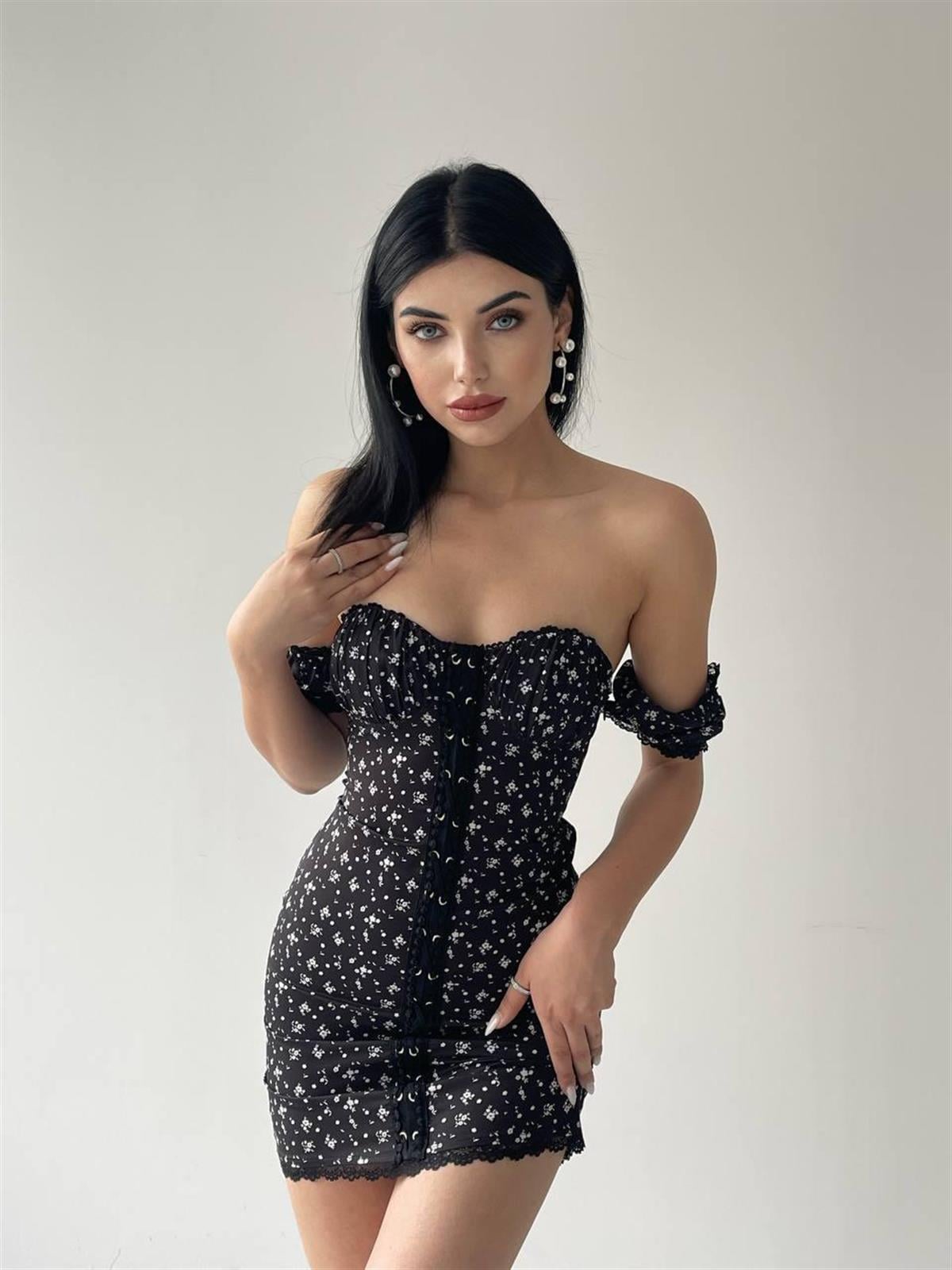 Karla Siyah Mini Elbise 