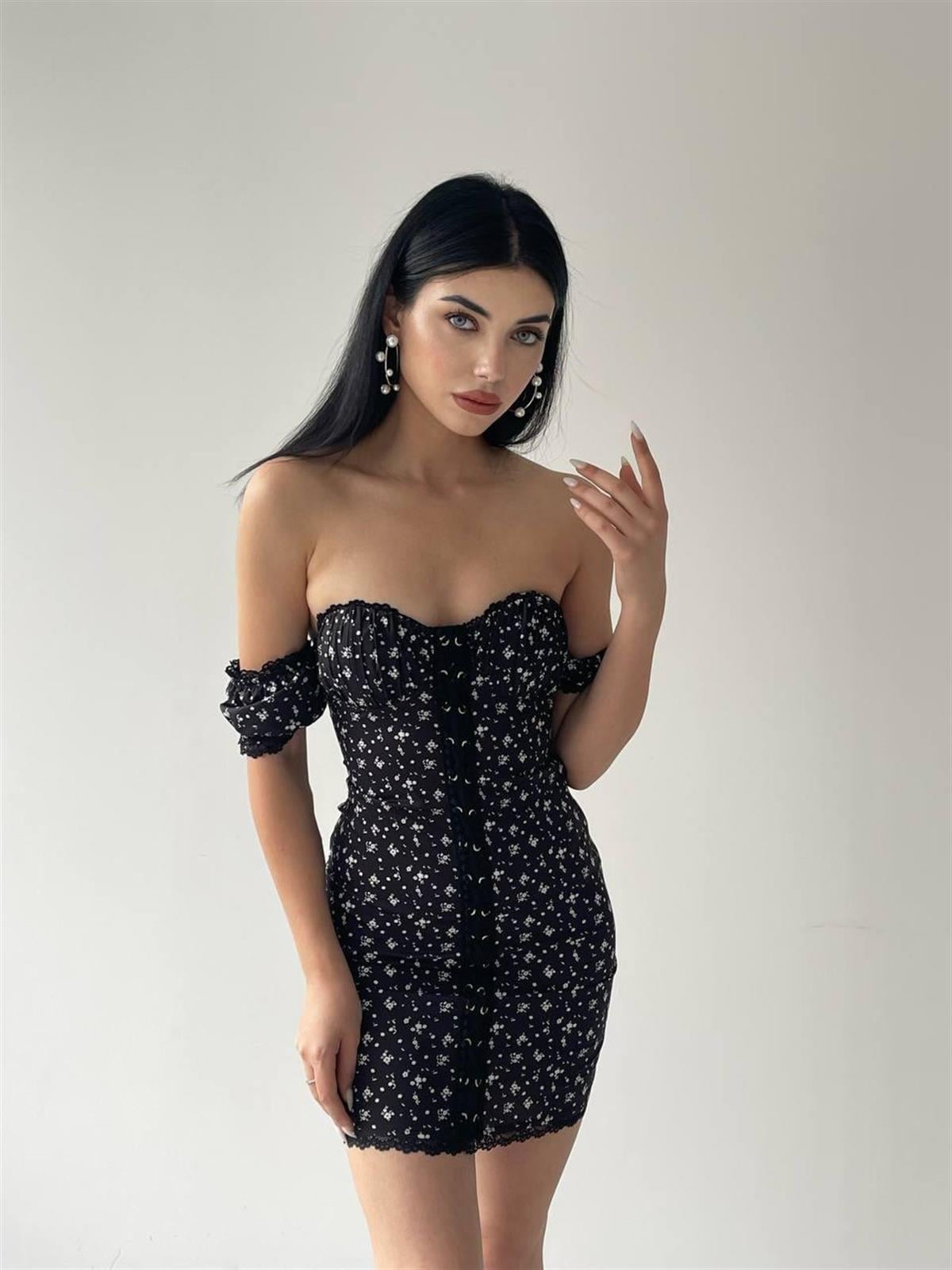 Karla Siyah Mini Elbise 