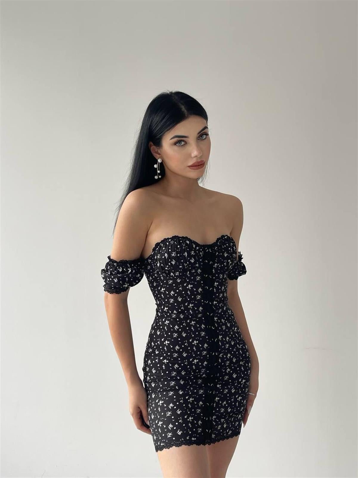 Karla Siyah Mini Elbise 