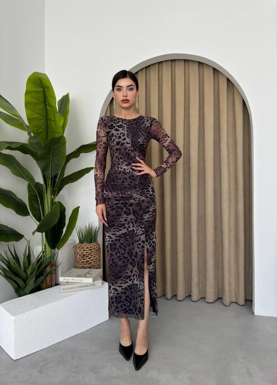 Leopar Streç Tül Elbise | 