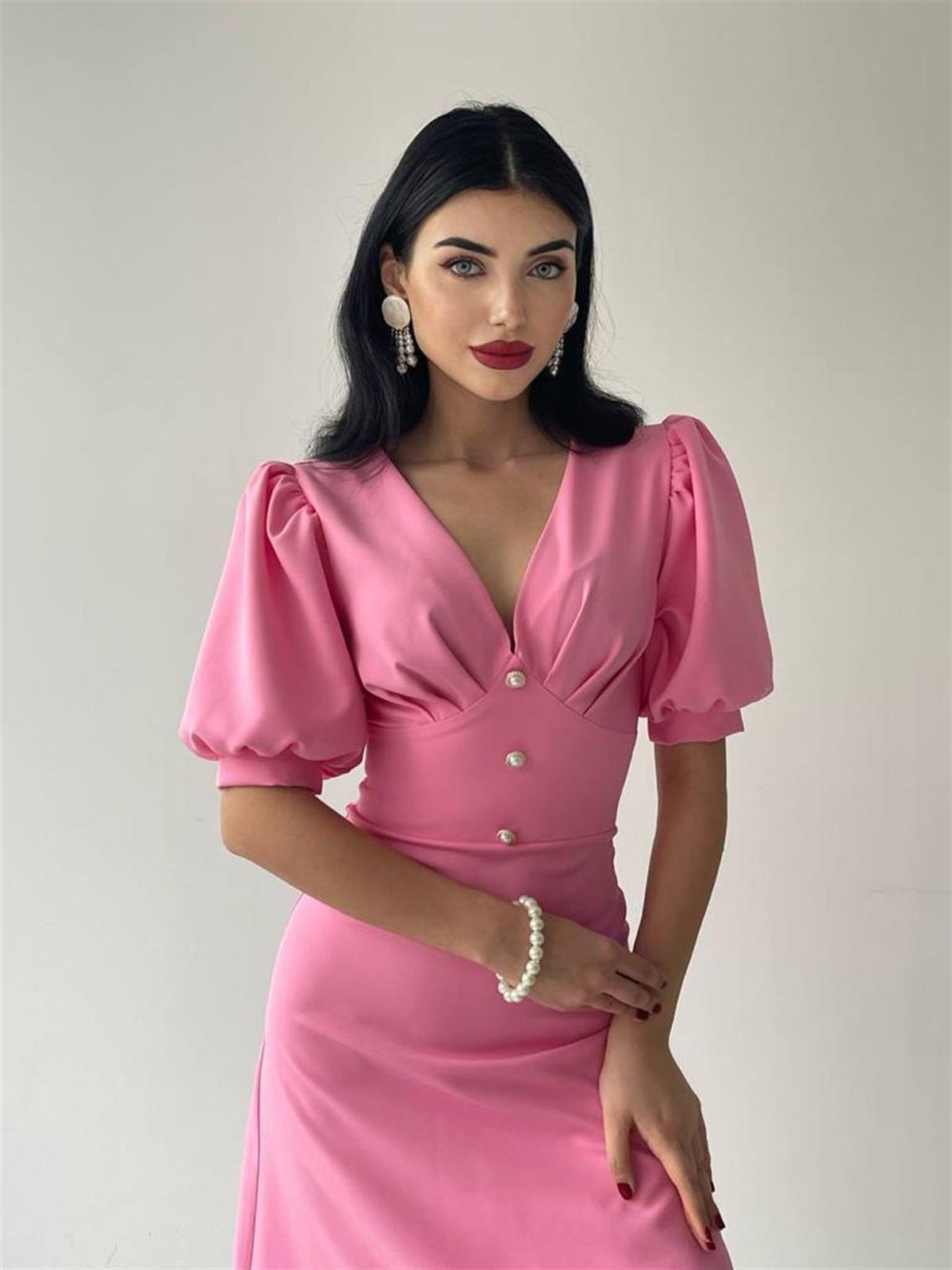 Linda Düğmeli pembe Elbise 