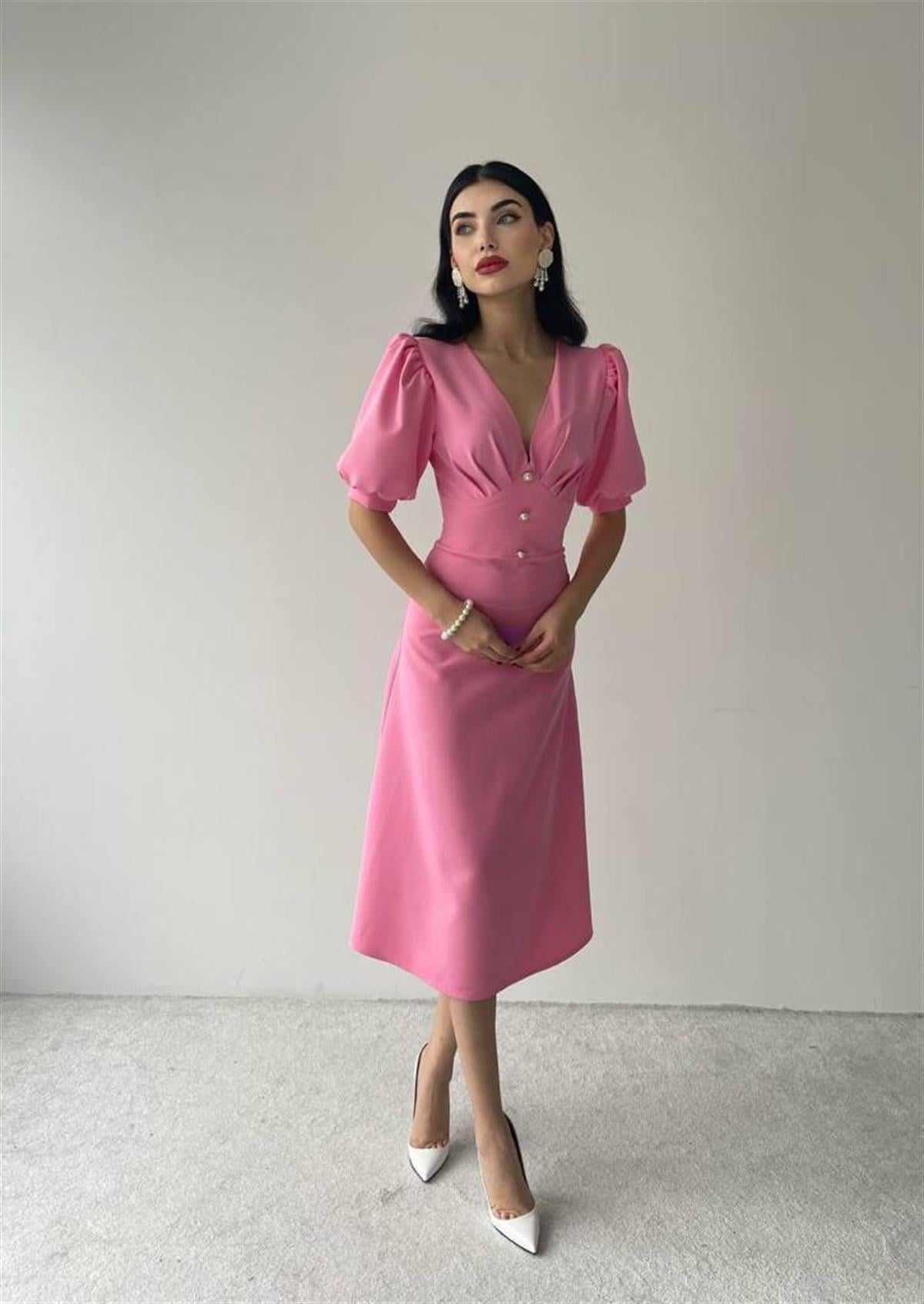 Linda Düğmeli pembe Elbise 