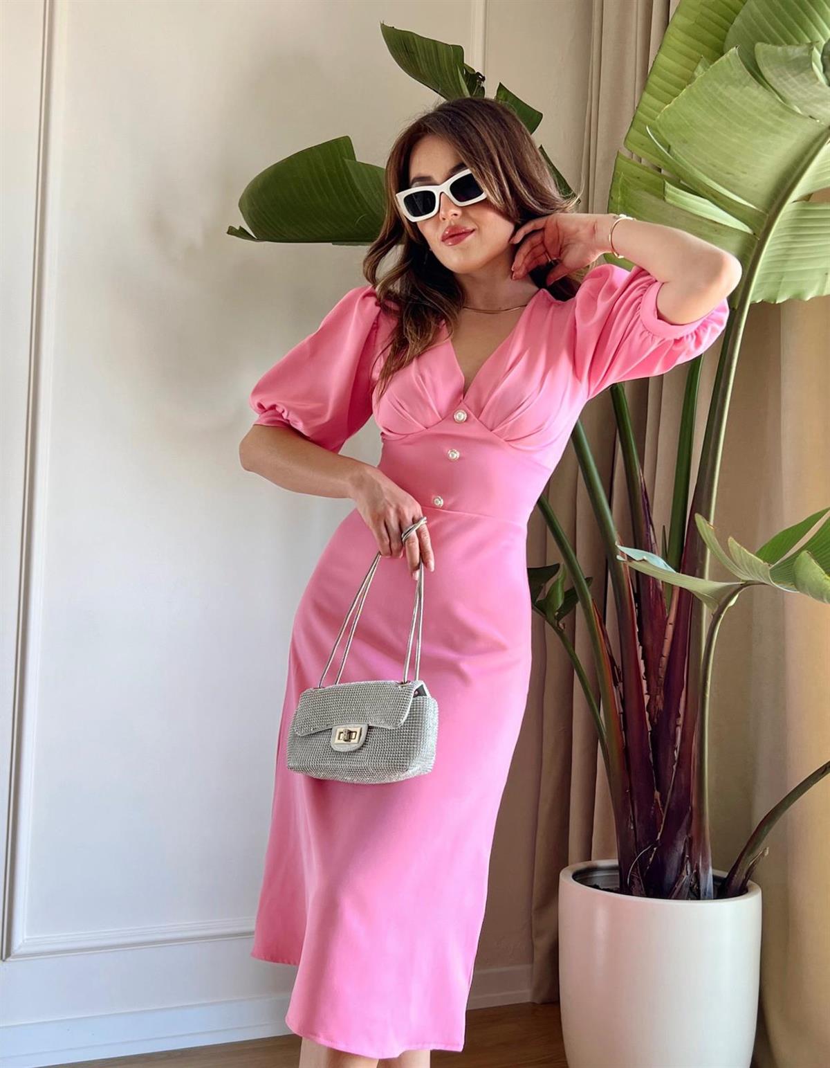 Linda Düğmeli Pembe Elbise 