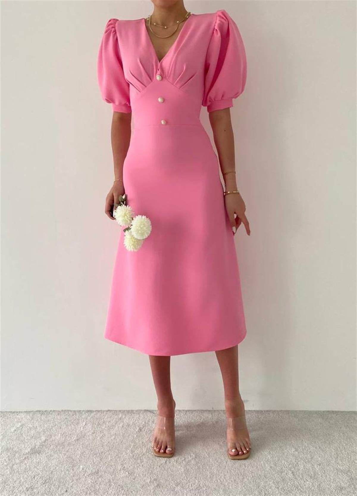 Linda Düğmeli pembe Elbise 