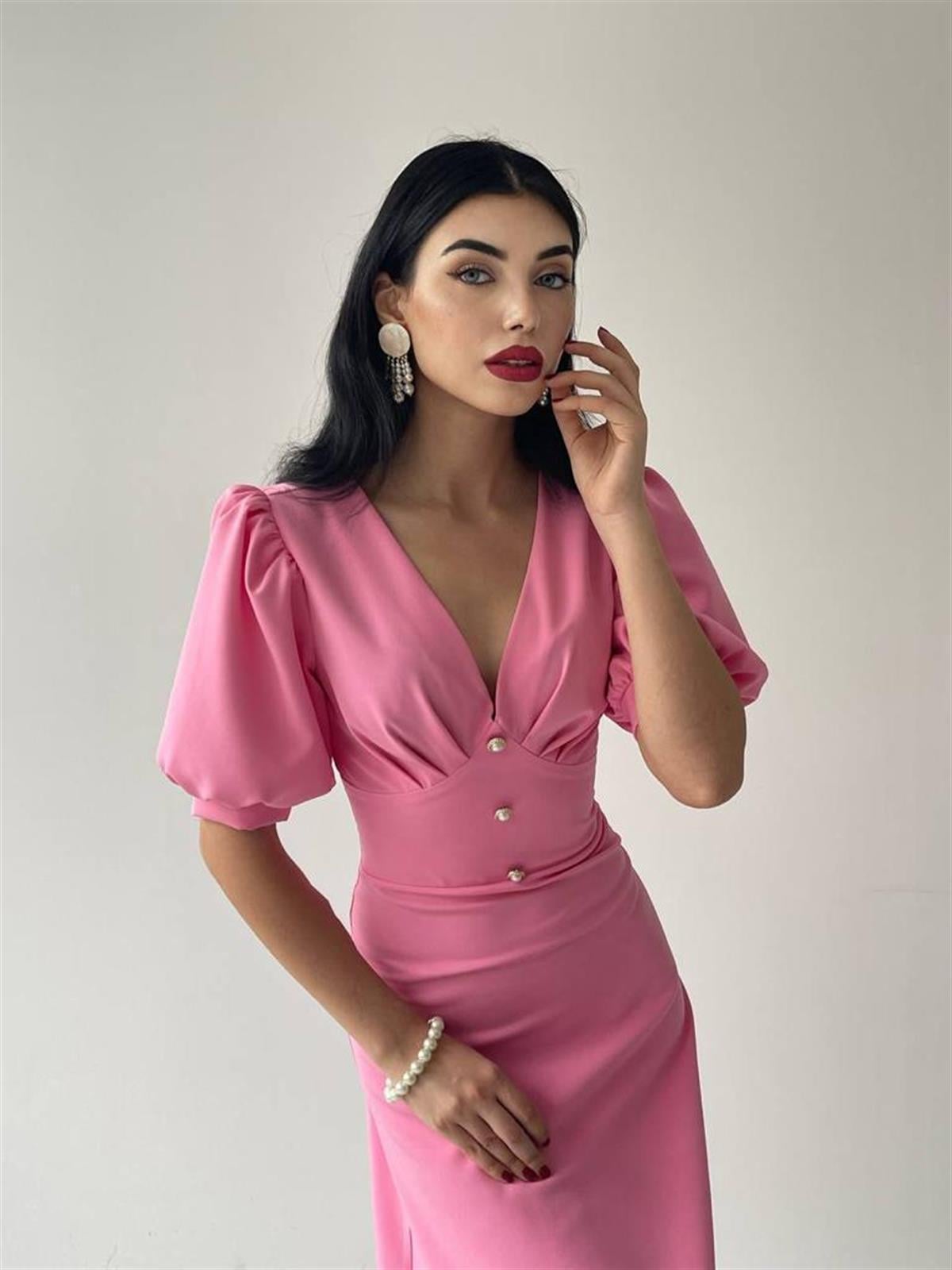 Linda Düğmeli pembe Elbise 