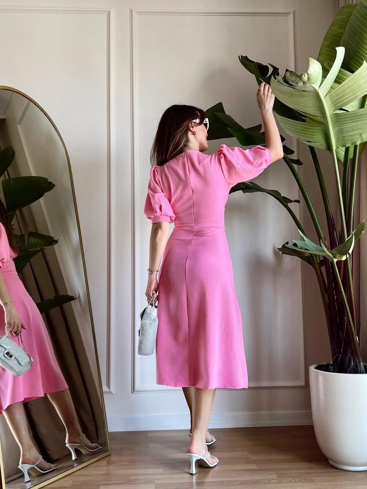 Linda Düğmeli Pembe Elbise 