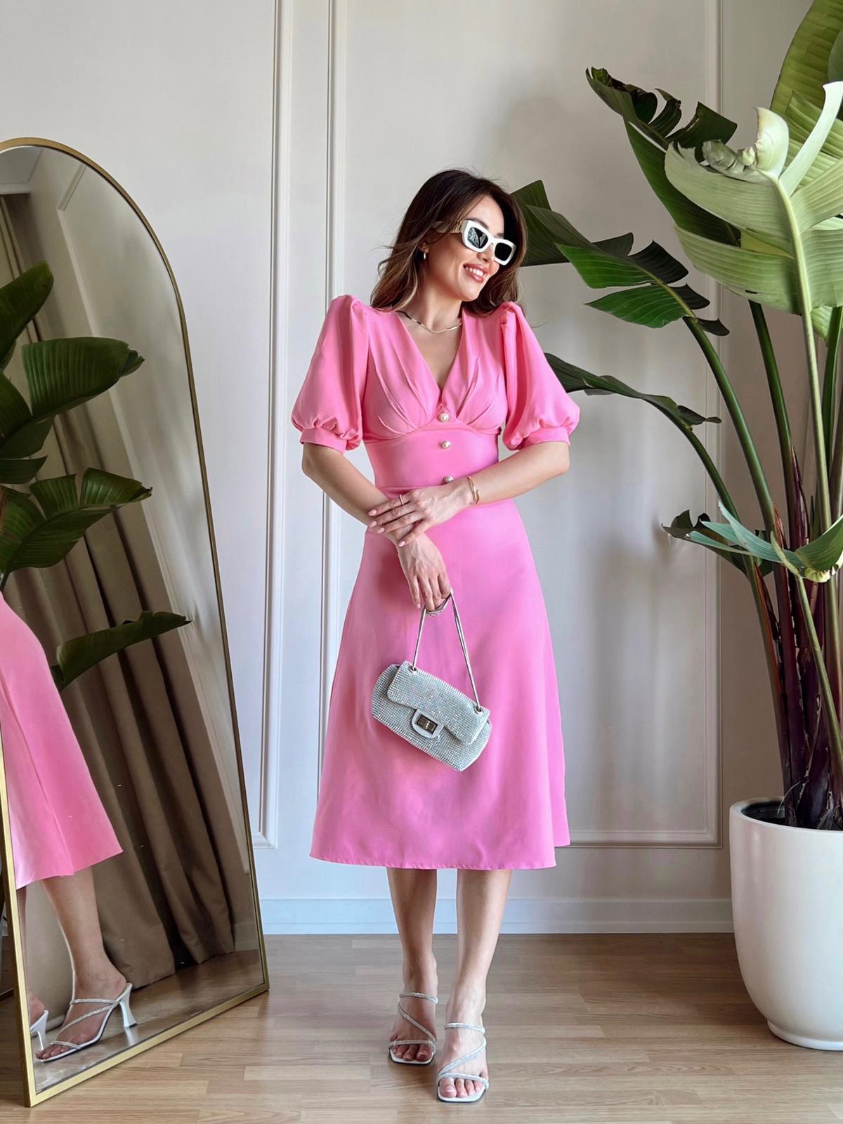 Linda Düğmeli Pembe Elbise 
