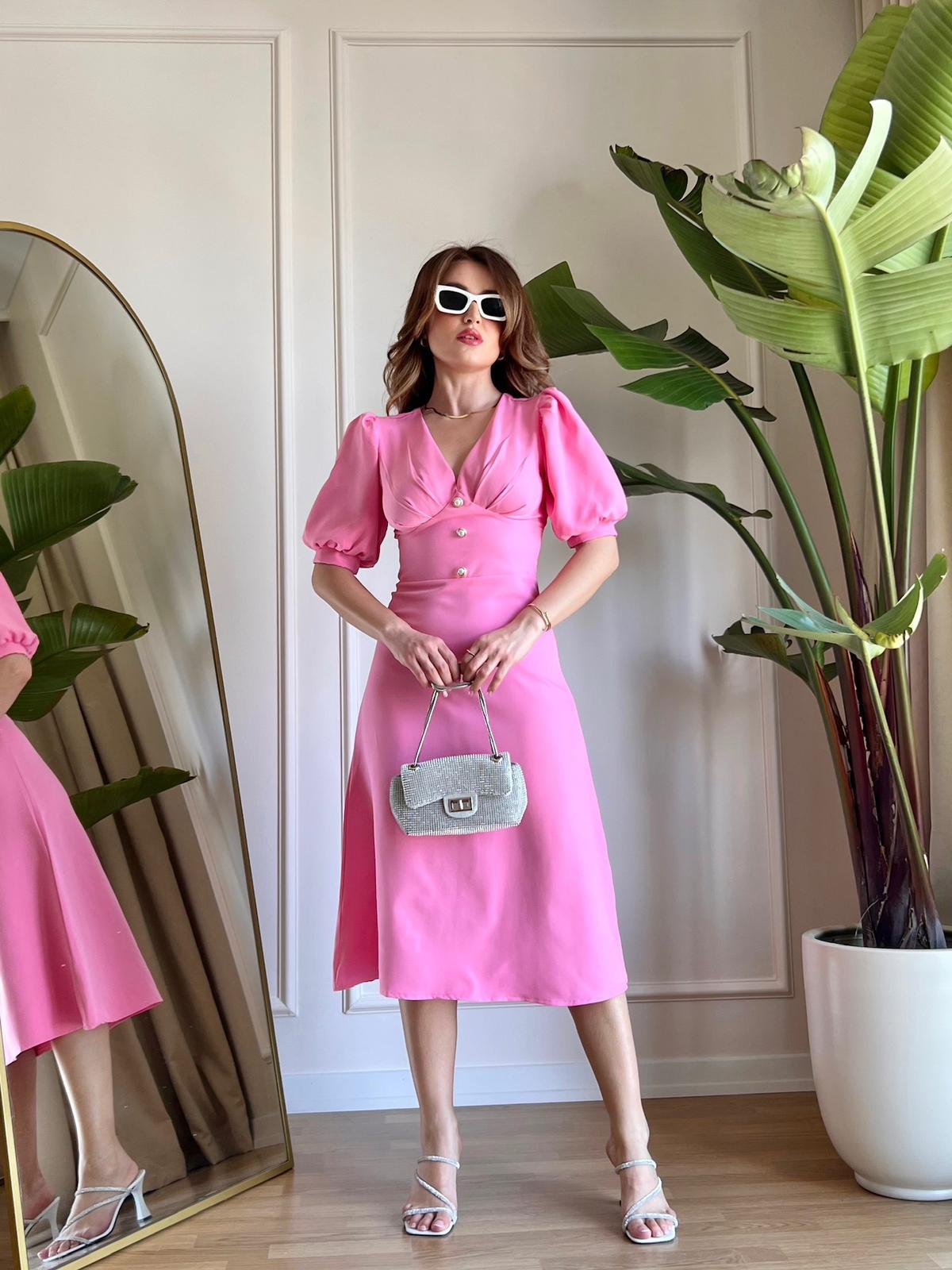 Linda Düğmeli Pembe Elbise 