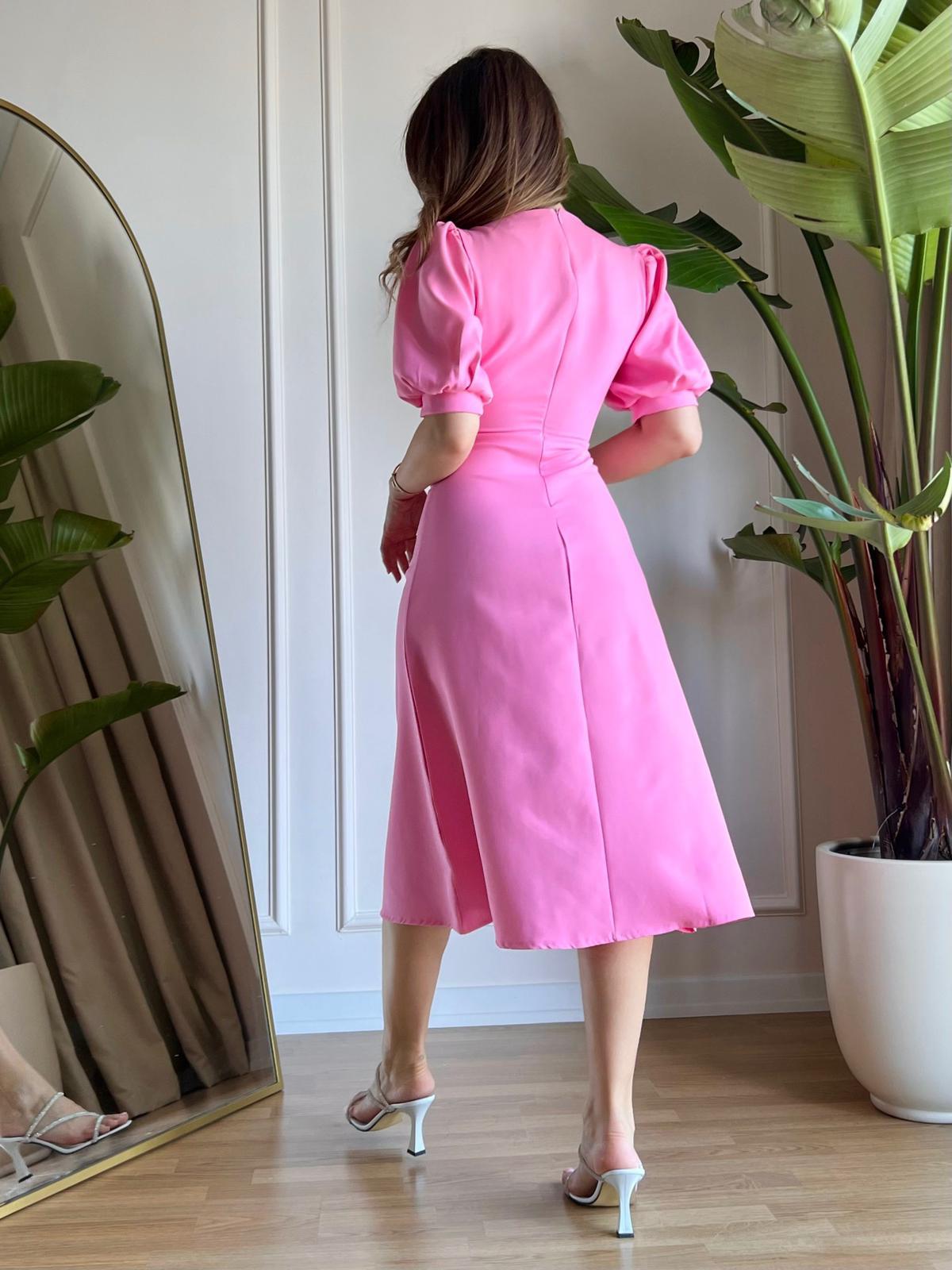 Linda Düğmeli Pembe Elbise 