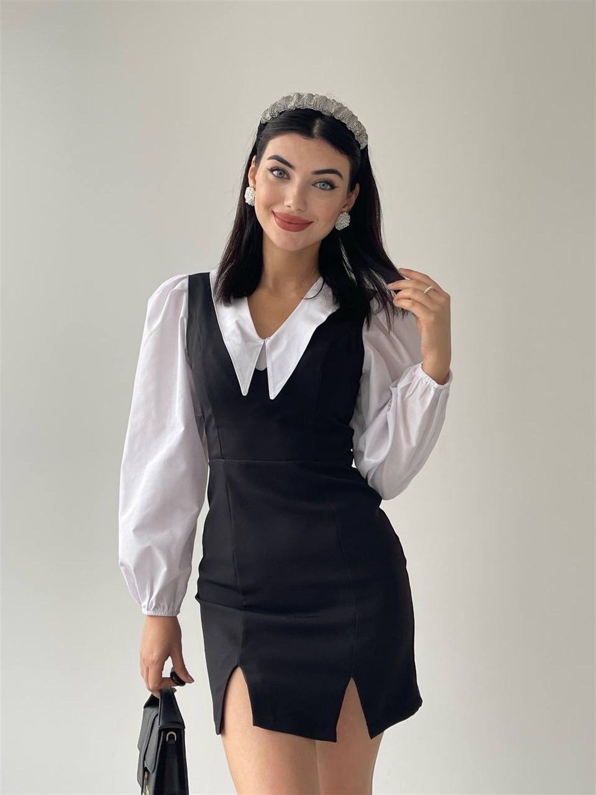 LİZA SİVRİ YAKA GÖMLEKLİ MİNİ ELBİSE