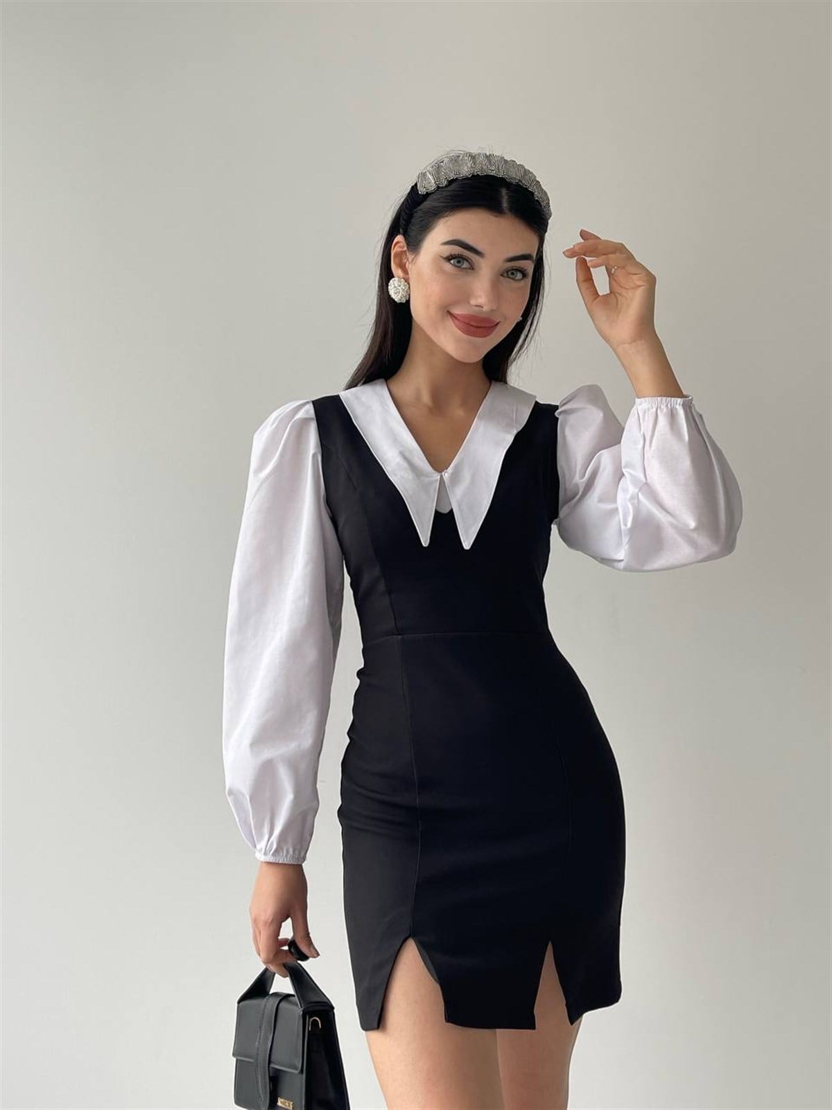 LİZA SİVRİ YAKA GÖMLEKLİ MİNİ ELBİSE