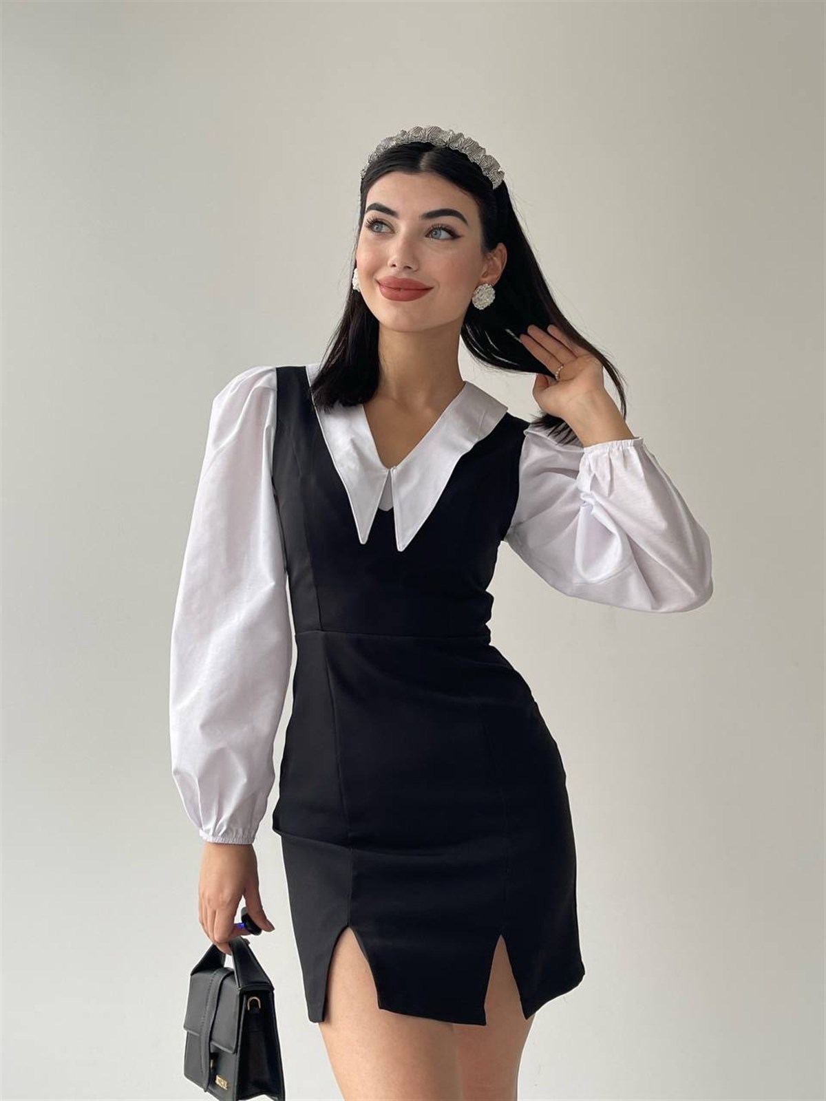 LİZA SİVRİ YAKA GÖMLEKLİ MİNİ ELBİSE