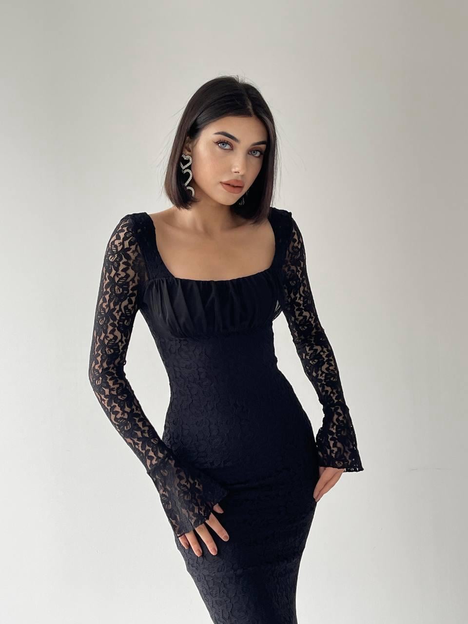 Matilda Dantel Uzun Siyah Elbise | 