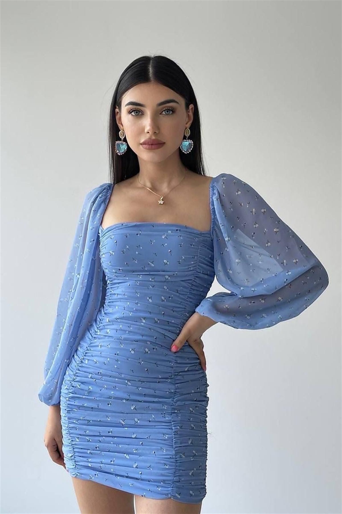 Mavi Çiçek Sifon Drapeli Elbise