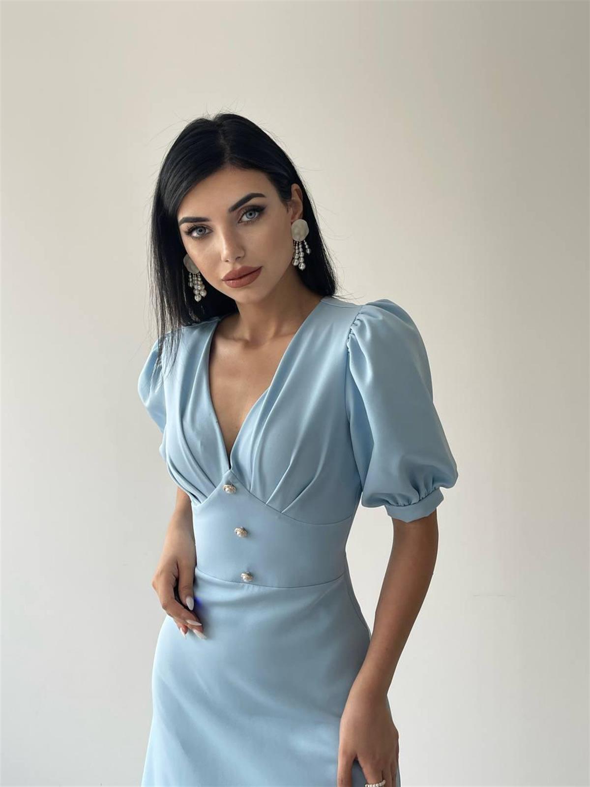 Mavi Linda Önü Düğmeli Midi Elbise